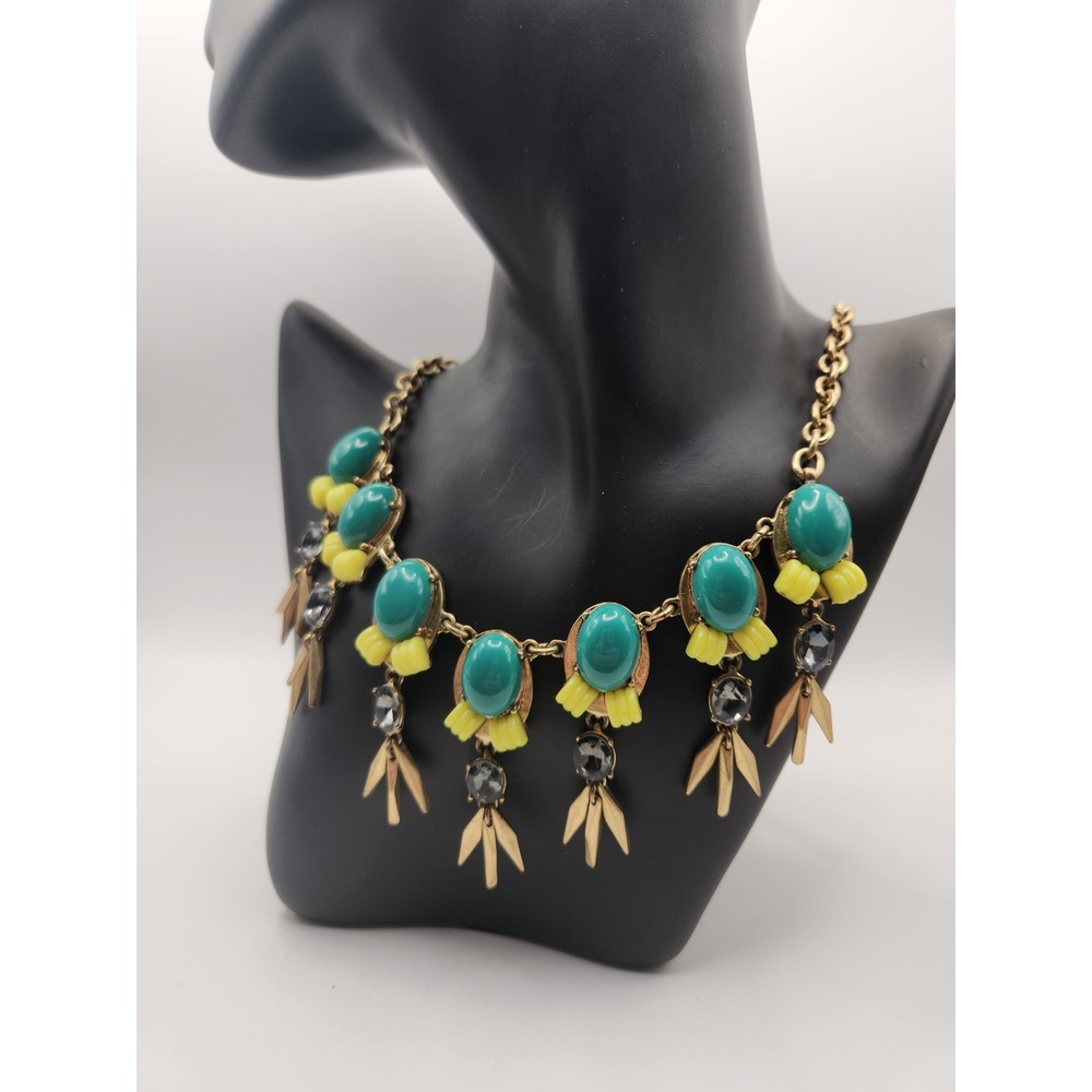 J.Crew Teal Yellow Statement‎ Bib Necklace Gold Tone Crystal Leaf Charms 20in